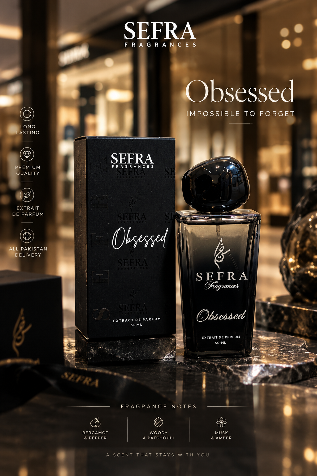 Obsessed box and bottle in a dark boutique