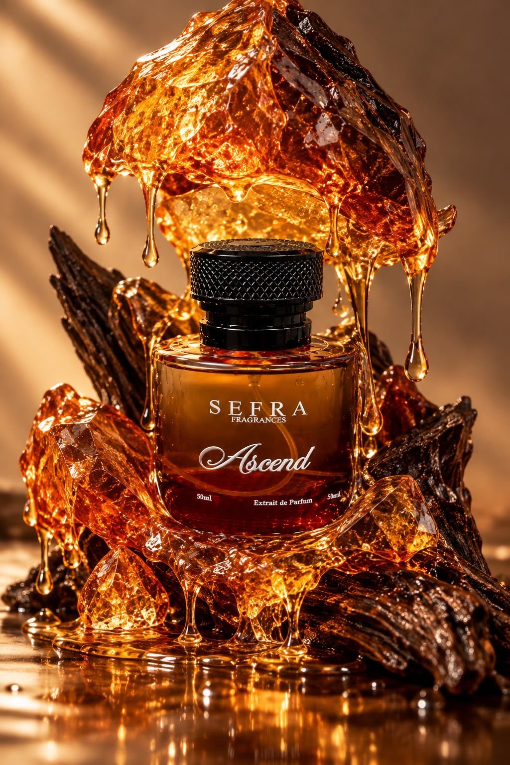 Ascend bottle resting on amber resin and agarwood
