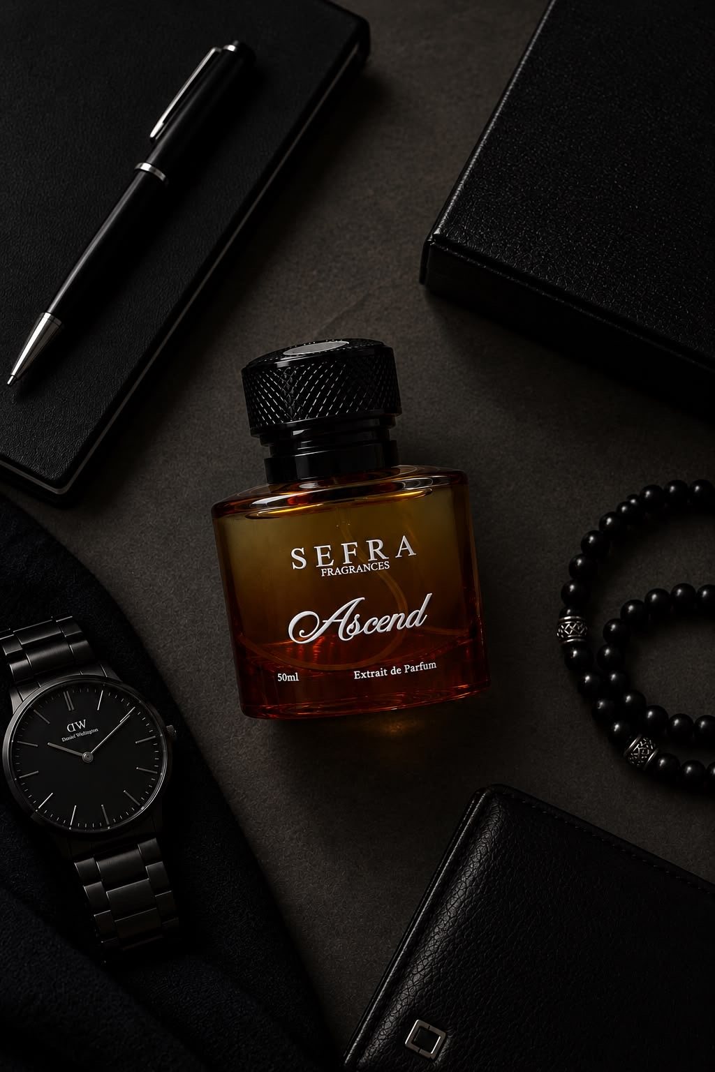 Ascend bottle with a watch, pen and wallet on black cloth