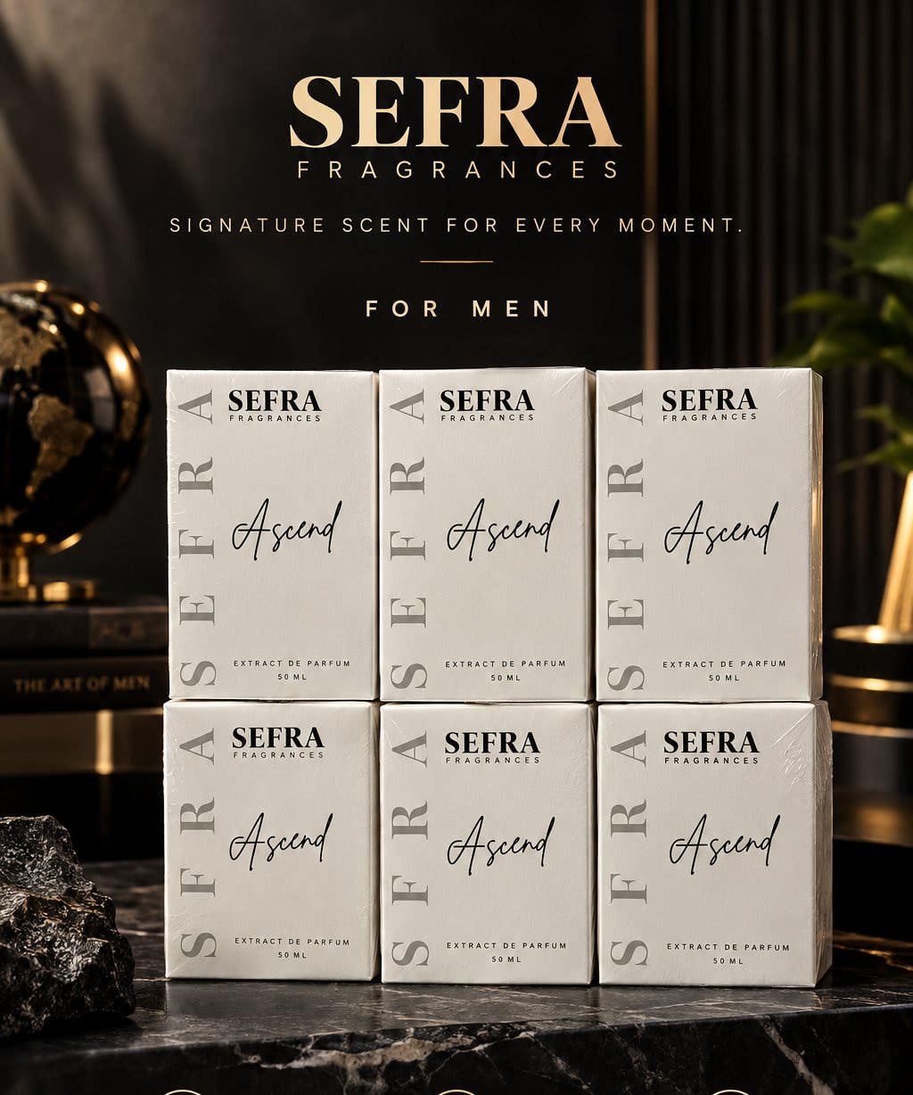 Six white Ascend boxes stacked on black marble