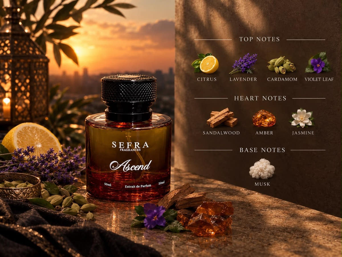 Ascend notes: citrus, lavender, cardamom and violet leaf; sandalwood, amber and jasmine; musk