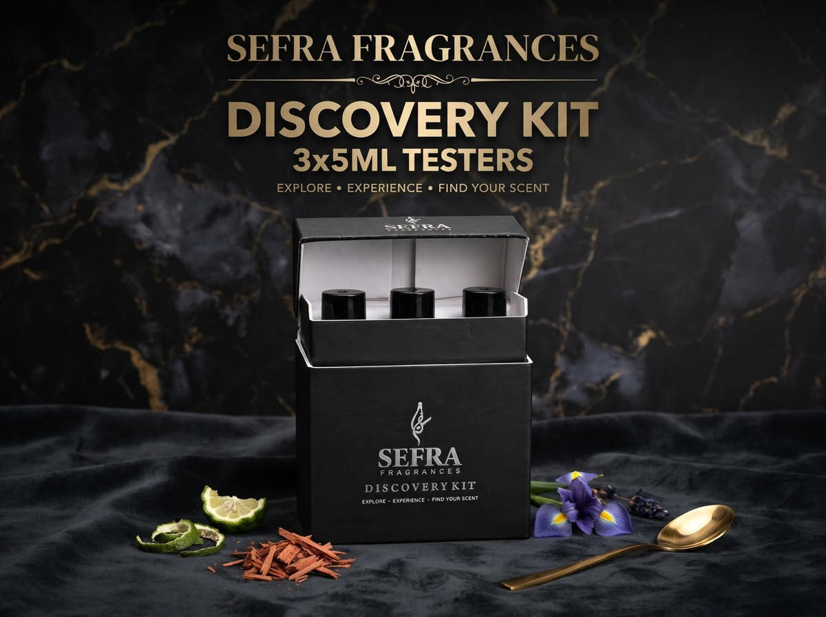 The Sefra Discovery Kit, three 5 ml testers, on black marble