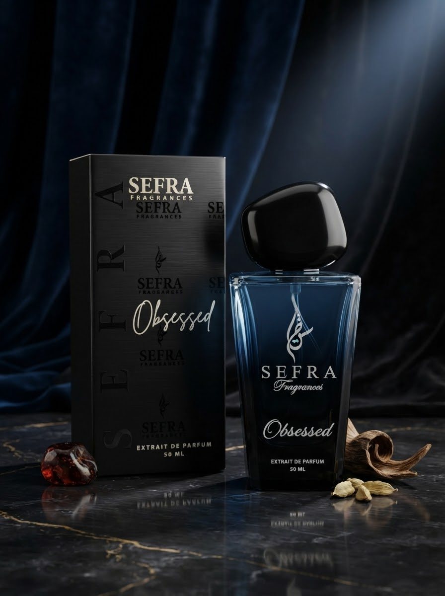 Obsessed black box and blue-black bottle on velvet with resin and cardamom