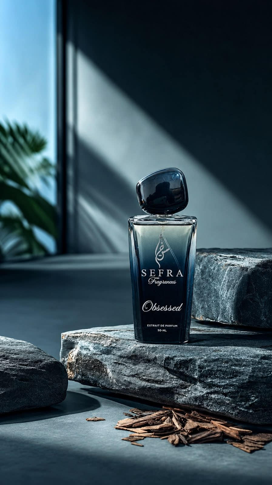 Obsessed bottle on a stone slab with wood chips